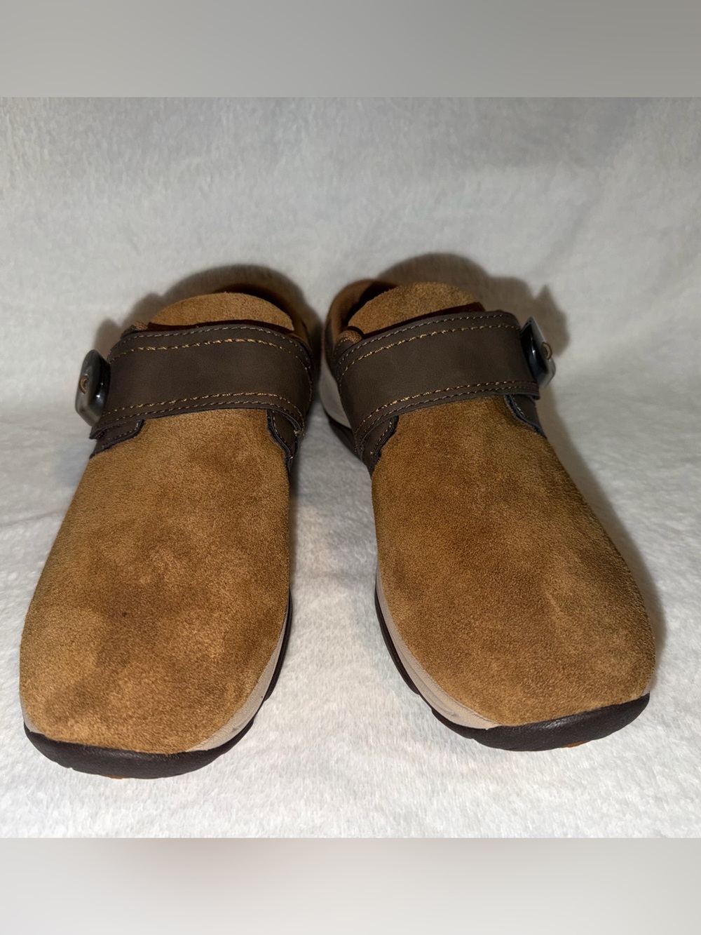 Easy Spirit Slip-On Suede Mules in Tan and Dark Brown